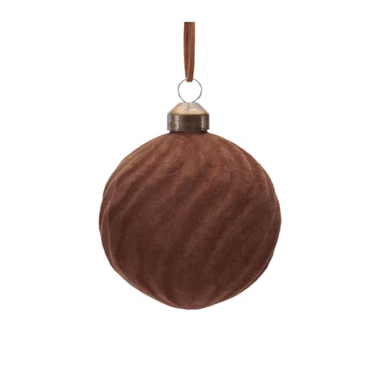 Melrose Brown Flocked Ribbed Glass Ball Ornament Set